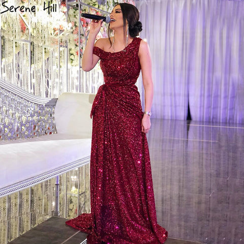 Vestido de noche de lujo rojo vino con abertura en forma de A, vestido de fiesta de un solo hombro, sexy, LA71005 