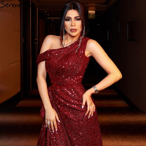 Vestido de noche de lujo rojo vino con abertura en forma de A, vestido de fiesta de un solo hombro, sexy, LA71005 