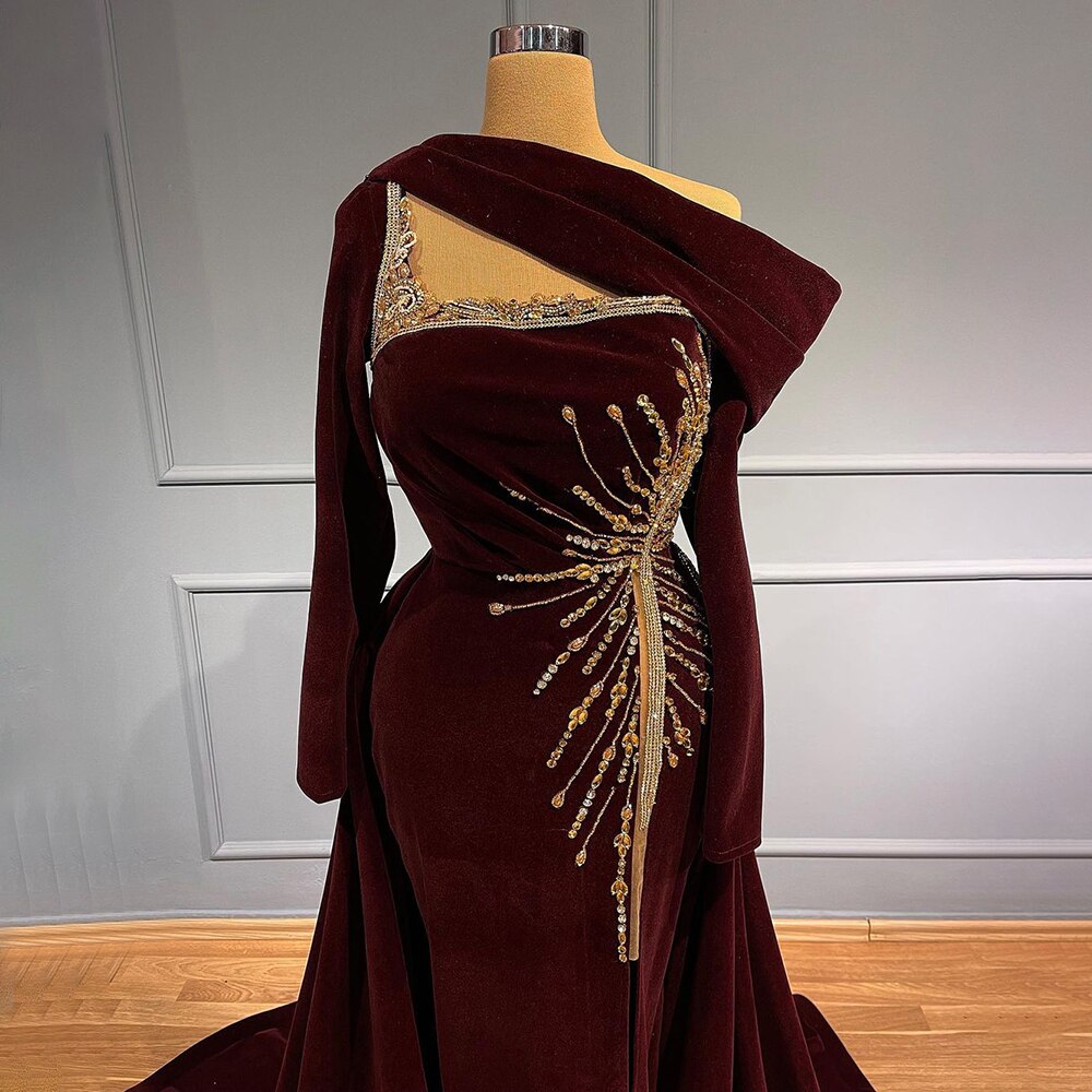 Wine Red Velour Overskirt Evening Dresses Gowns 2025 Mermaid Elegant Luxury For Women Party LA71517