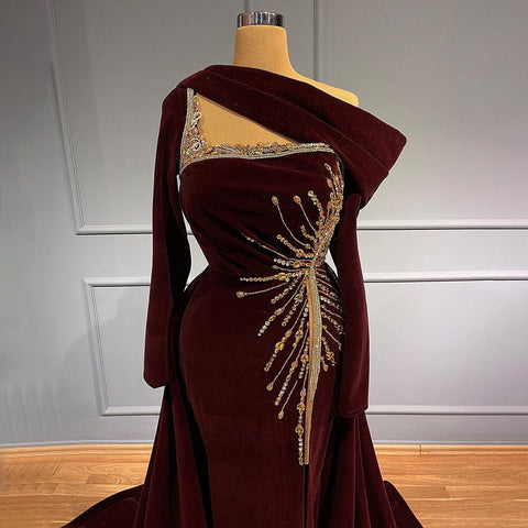 Vestido de noche con sobrefalda de terciopelo rojo vino, elegante, estilo sirena, de lujo, para mujer, para fiesta, LA71517 