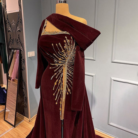 Vestido de noche con sobrefalda de terciopelo rojo vino, elegante, estilo sirena, de lujo, para mujer, para fiesta, LA71517 