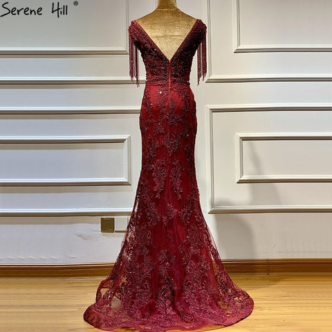 Vestido de noche rojo vino con fajas extraíbles, talla grande, Dubái, 2025, vestido formal de lujo con borlas y cuentas, LA60846 
