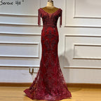 Wine Red with  Removable Sashes Evening Gowns 2025 Dubai  Plus Size  Beading Tassel Luxury Formal Dress LA60846