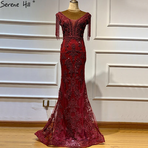Vestido de noche rojo vino con fajas extraíbles, talla grande, Dubái, 2025, vestido formal de lujo con borlas y cuentas, LA60846 