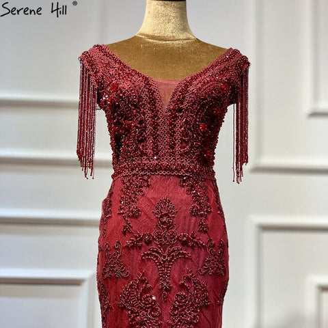 Vestido de noche rojo vino con fajas extraíbles, talla grande, Dubái, 2025, vestido formal de lujo con borlas y cuentas, LA60846 