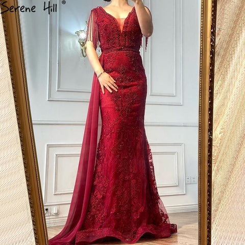 Vestido de noche rojo vino con fajas extraíbles, talla grande, Dubái, 2025, vestido formal de lujo con borlas y cuentas, LA60846 