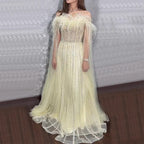 Yellow A Line Cape Sleeves Beaded Feathers Arabic Long Evening Dresses Gowns For Women Wedding Party 2025 LA72190