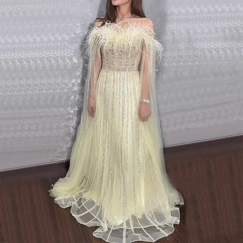 Vestido de noche largo árabe amarillo con mangas tipo capa, corte A y plumas, para mujer, ideal para bodas, 2025, LA72190 