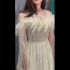 Yellow A Line Cape Sleeves Beaded Feathers Arabic Long Evening Dresses Gowns For Women Wedding Party 2025 LA72190