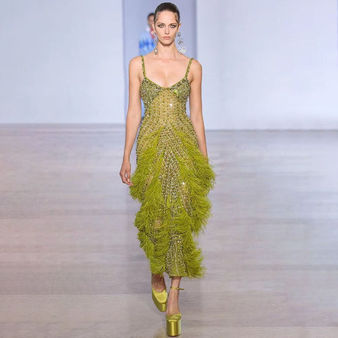 On Sale no return no refund Yellow Green Feathers Mermaid Sundress Evening Gowns Beaded Ankle Length Party Drsses 2025 For Women LA72055