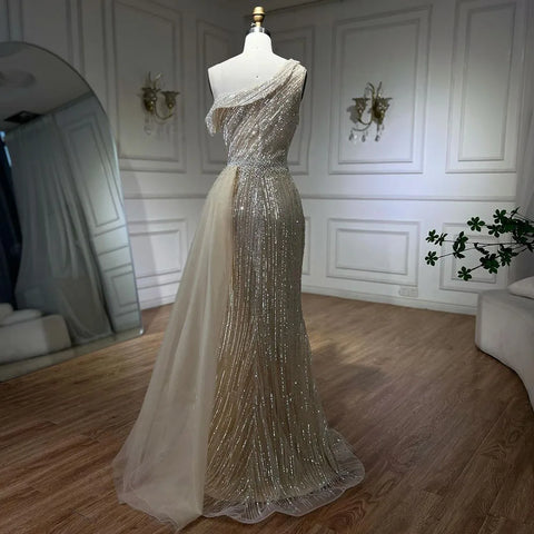 Vestido de noche amarillo de un hombro, negro, con abertura alta, corte sirena y cuentas, para mujer, para boda, fiesta, 2025, LA72424 