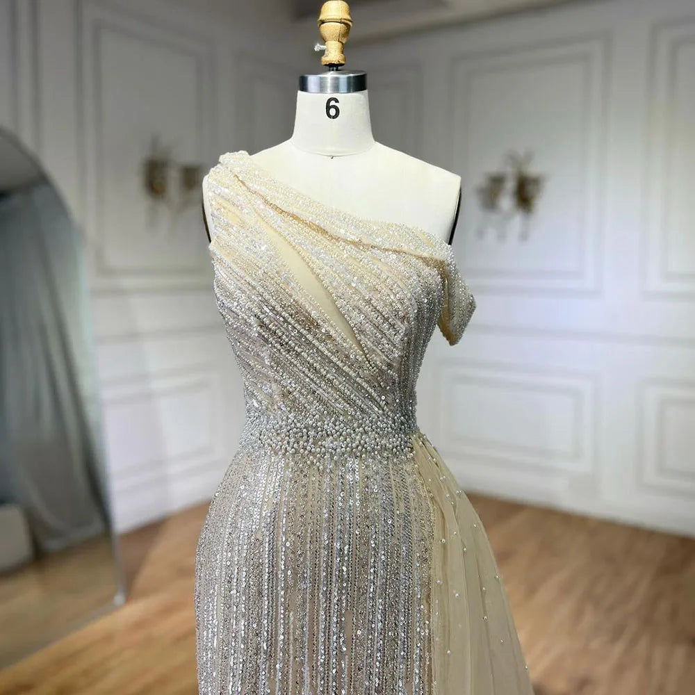 Yellow One Shoulder Black High Split Mermaid Beaded Evening Dresses Gowns for Women Wedding Party 2025 LA72424