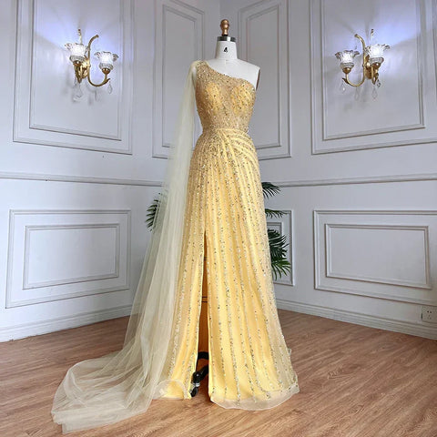 Vestido de noche amarillo de un solo hombro con mangas estilo capa, de lujo, con cuentas, para ocasiones formales, para mujer, fiesta, LA71671 