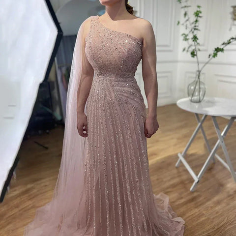 Vestido de noche amarillo de un solo hombro con mangas estilo capa, de lujo, con cuentas, para ocasiones formales, para mujer, fiesta, LA71671 