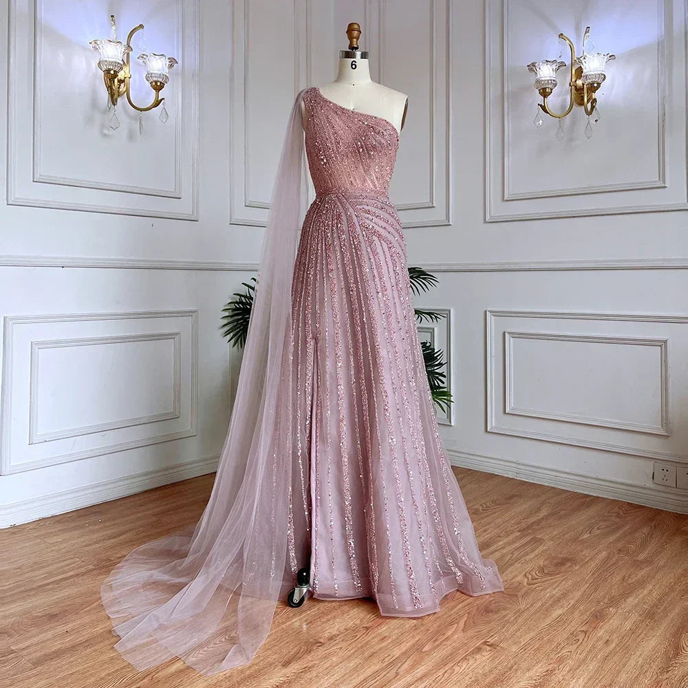 Yellow One-Shoulder Cape Sleeve 2025 Luxury Beaded  Formal Occasion Evening Dresses Gowns For Women Party LA71671