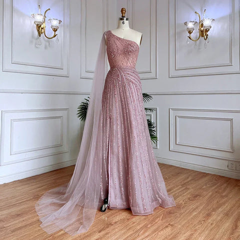 Vestido de noche amarillo de un solo hombro con mangas estilo capa, de lujo, con cuentas, para ocasiones formales, para mujer, fiesta, LA71671 