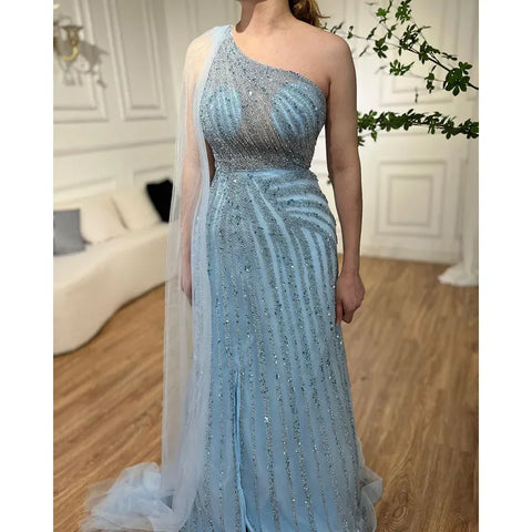 Vestido de noche amarillo de un solo hombro con mangas estilo capa, de lujo, con cuentas, para ocasiones formales, para mujer, fiesta, LA71671 