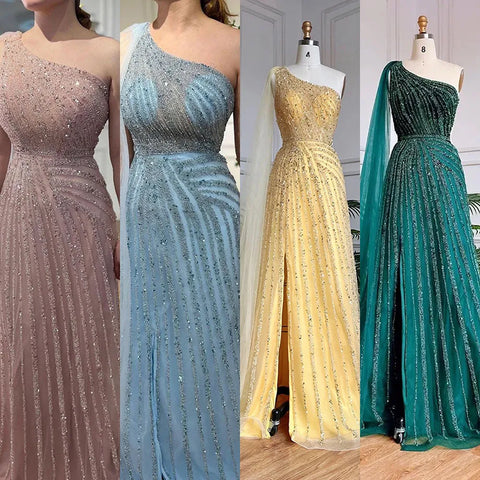 Vestido de noche amarillo de un solo hombro con mangas estilo capa, de lujo, con cuentas, para ocasiones formales, para mujer, fiesta, LA71671 