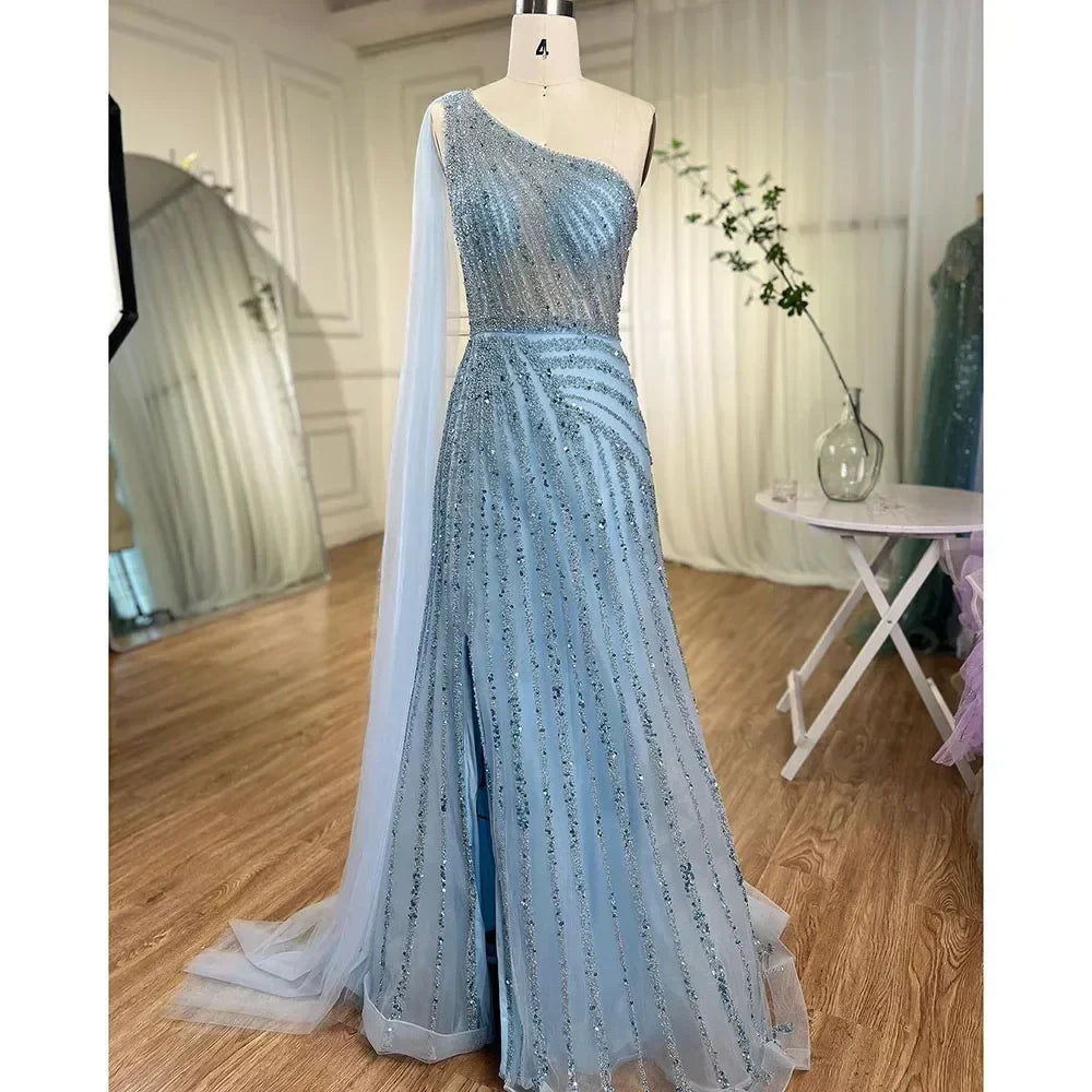 Yellow One-Shoulder Cape Sleeve 2025 Luxury Beaded  Formal Occasion Evening Dresses Gowns For Women Party LA71671