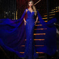 Blue Mermaid Sexy V Neck Cape Sleeves Luxury Evening Dresses Gowns 2025 Beaded For Women Wedding Party LA72198