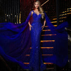 Blue Mermaid Sexy V Neck Cape Sleeves Luxury Evening Dresses Gowns 2025 Beaded For Women Wedding Party LA72198
