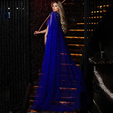 Blue Mermaid Sexy V Neck Cape Sleeves Luxury Evening Dresses Gowns 2025 Beaded For Women Wedding Party LA72198