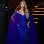 Blue Mermaid Sexy V Neck Cape Sleeves Luxury Evening Dresses Gowns 2025 Beaded For Women Wedding Party LA72198