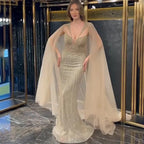 Blue Mermaid Sexy V Neck Cape Sleeves Luxury Evening Dresses Gowns 2025 Beaded For Women Wedding Party LA72198