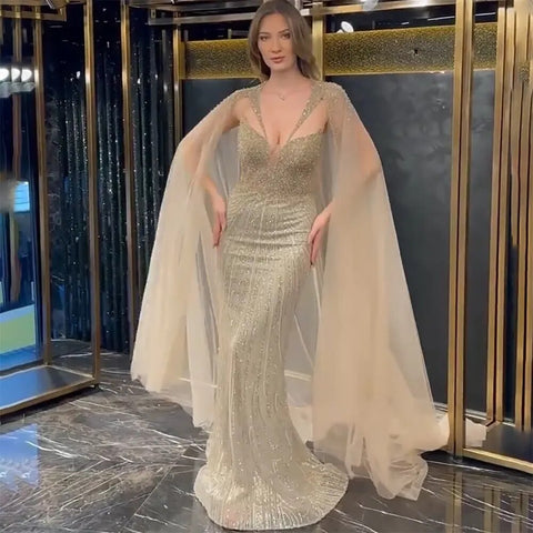 Blue Mermaid Sexy V Neck Cape Sleeves Luxury Evening Dresses Gowns 2025 Beaded For Women Wedding Party LA72198