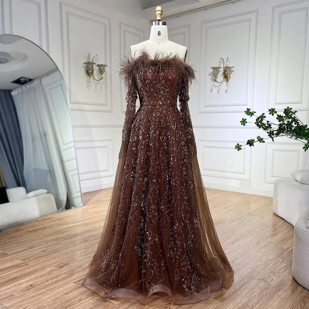 Off Shoulder Feathers Brown Evening Dress with Cape Sleeves LA72401