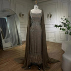 Caramel Mermaid Ankle Length Beaded Evening Dress Gown with Feathers LA71492B
