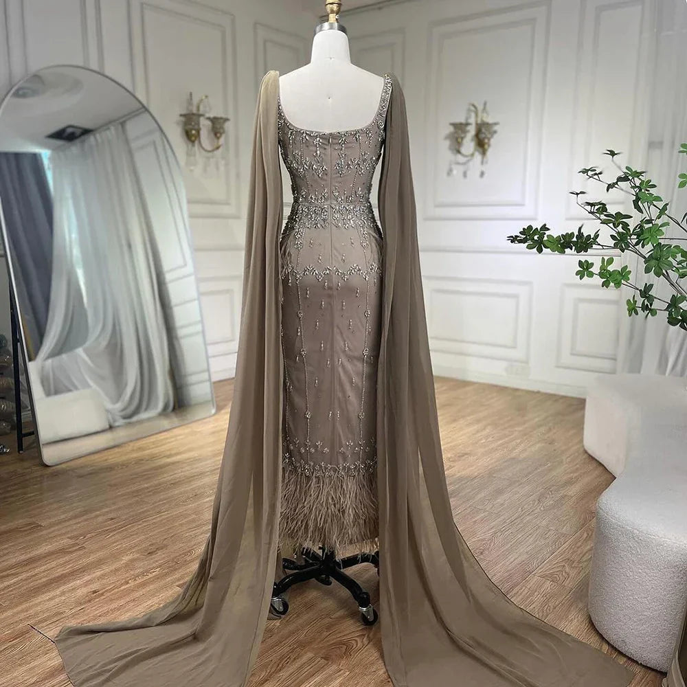 Caramel Mermaid Ankle Length Beaded Evening Dress Gown with Feathers LA71492B