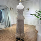 Caramel Mermaid Ankle Length Beaded Evening Dress Gown with Feathers LA71492B
