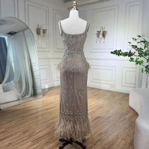 Vestido de noche largo hasta el tobillo color caramelo, estilo sirena, con cuentas y plumas LA71492B