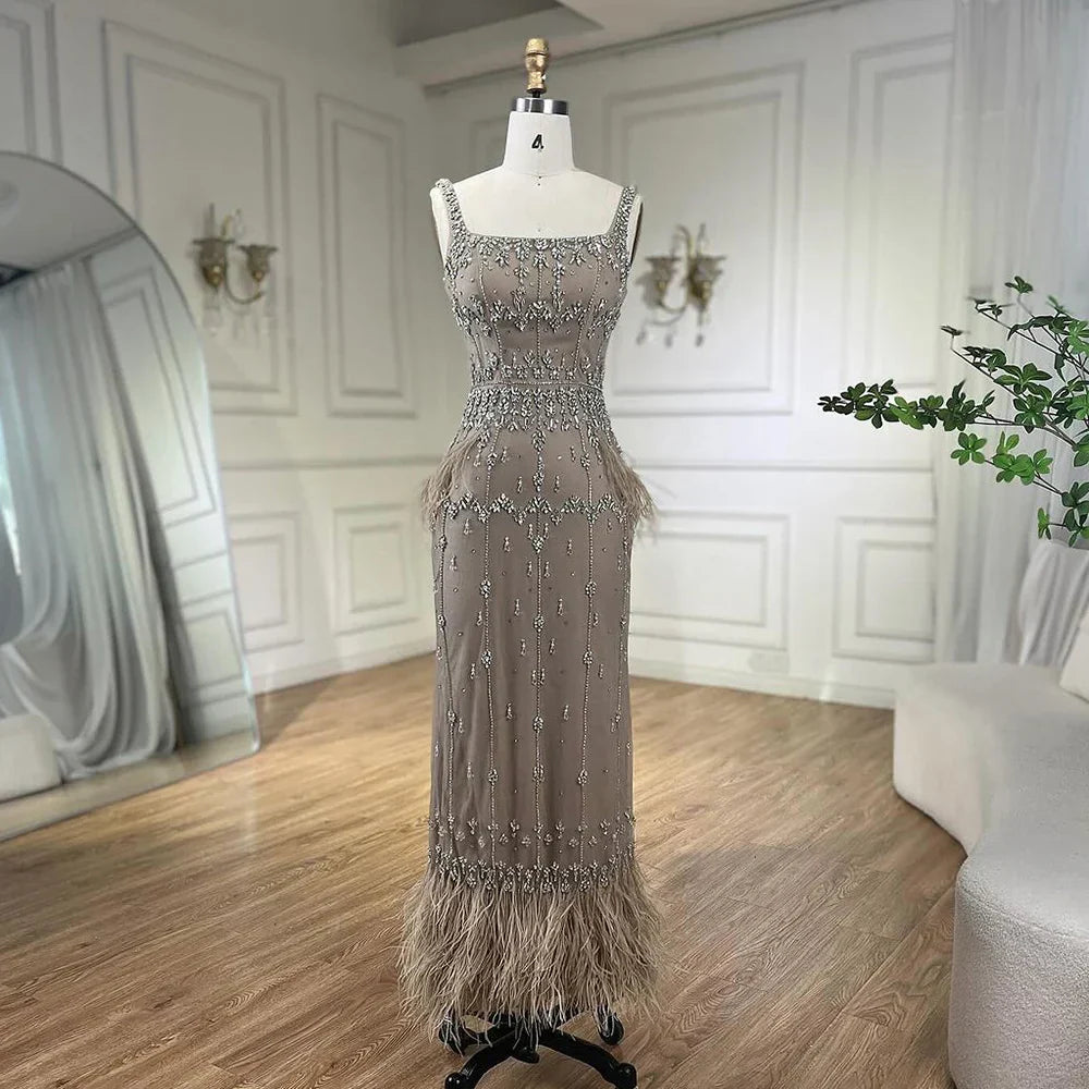 Caramel Mermaid Ankle Length Beaded Evening Dress Gown with Feathers LA71492B