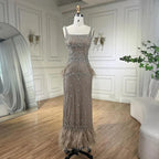Caramel Mermaid Ankle Length Beaded Evening Dress Gown with Feathers LA71492B