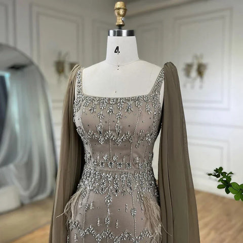 Vestido de noche largo hasta el tobillo color caramelo, estilo sirena, con cuentas y plumas LA71492B