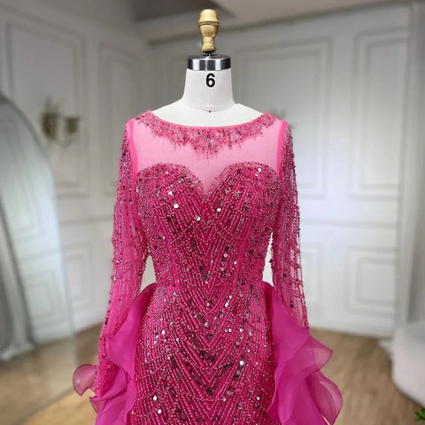 Fuchsia Mermaid Over Skirt Beaded Luxury Dubai Long Evening Dresses Gowns For Women Wedding Party 2025 LA72379