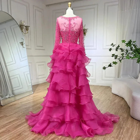 Fuchsia Mermaid Over Skirt Beaded Luxury Dubai Long Evening Dresses Gowns For Women Wedding Party 2025 LA72379