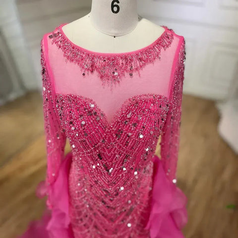 Fuchsia Mermaid Over Skirt Beaded Luxury Dubai Long Evening Dresses Gowns For Women Wedding Party 2025 LA72379