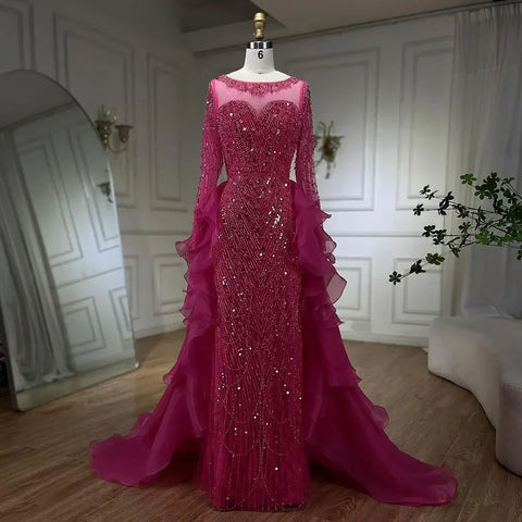 Fuchsia Mermaid Over Skirt Beaded Luxury Dubai Long Evening Dresses Gowns For Women Wedding Party 2025 LA72379