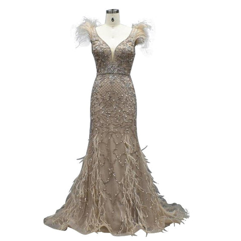 Lilac Mermaid V-Neck Evening Dresses 2025 Feathers Beading Luxury Sexy Formal Dress LA70572