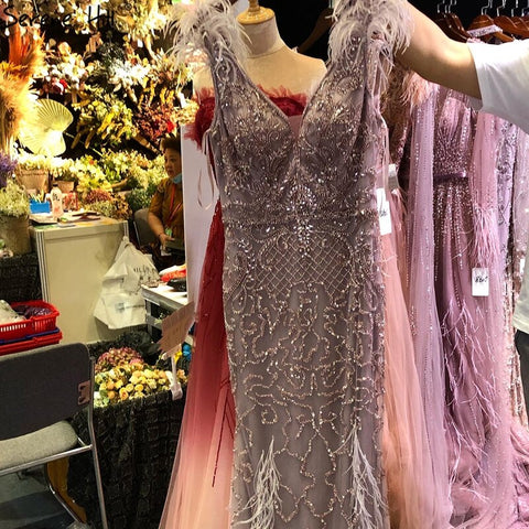 Lilac Mermaid V-Neck Evening Dresses 2025 Feathers Beading Luxury Sexy Formal Dress LA70572