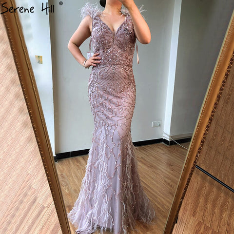Lilac Mermaid V-Neck Evening Dresses 2025 Feathers Beading Luxury Sexy Formal Dress LA70572