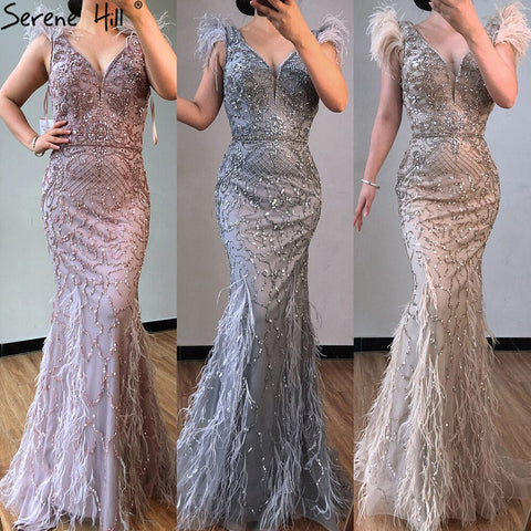 Lilac Mermaid V-Neck Evening Dresses 2025 Feathers Beading Luxury Sexy Formal Dress LA70572
