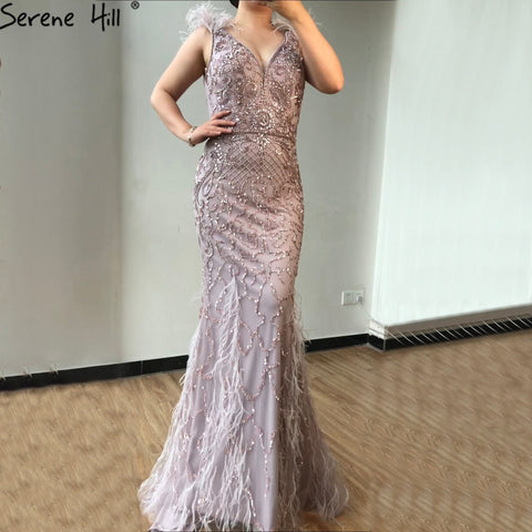 Lilac Mermaid V-Neck Evening Dresses 2025 Feathers Beading Luxury Sexy Formal Dress LA70572