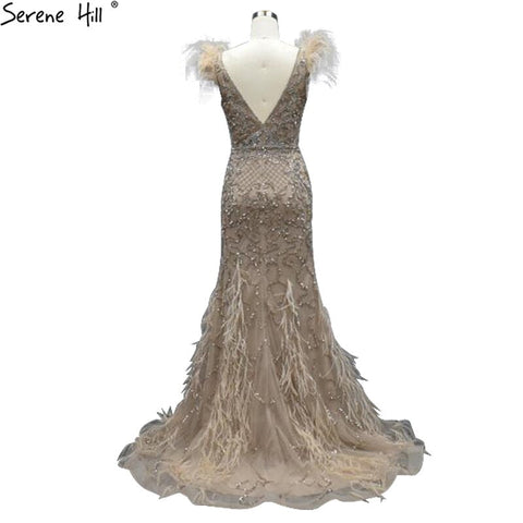 Lilac Mermaid V-Neck Evening Dresses 2025 Feathers Beading Luxury Sexy Formal Dress LA70572