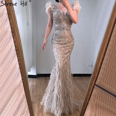 Lilac Mermaid V-Neck Evening Dresses 2025 Feathers Beading Luxury Sexy Formal Dress LA70572