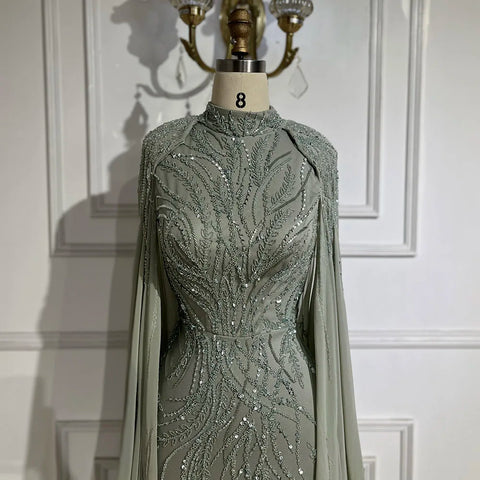 Muslim Sage Green Mermaid Cape Sleeves Beaded Satin Luxury Evening Dresses Gowns for Women Party 2025 LA72413A