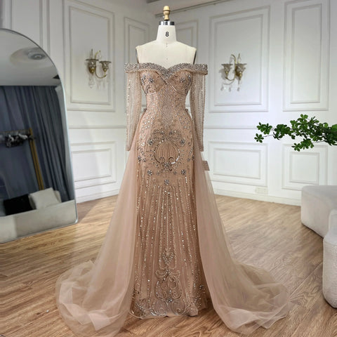 Nude Mermaid Elegant Beaded Luxury Evening Dress Gown with Overskirt LA72397